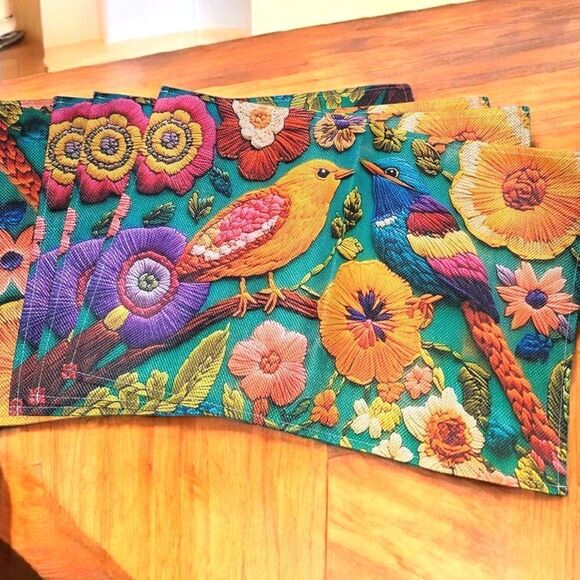 Colorful Bird and Floral Linen Placemats 4pc. - Picture 1 of 7